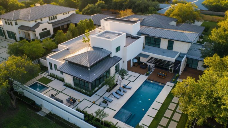 Aerial view of a modern white house with a backyard pool, patio, and landscaped yard.