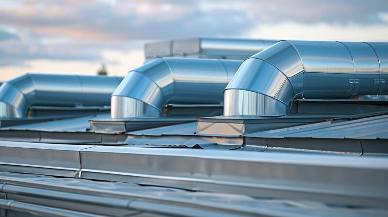 Metal rooftop ventilation ducts and vents against a cloudy sky