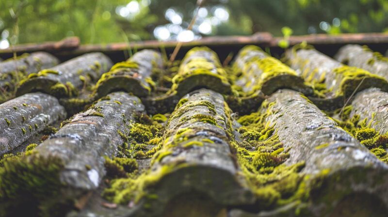 Moss-covered corrugated roof tiles with green moss growing along the ridges