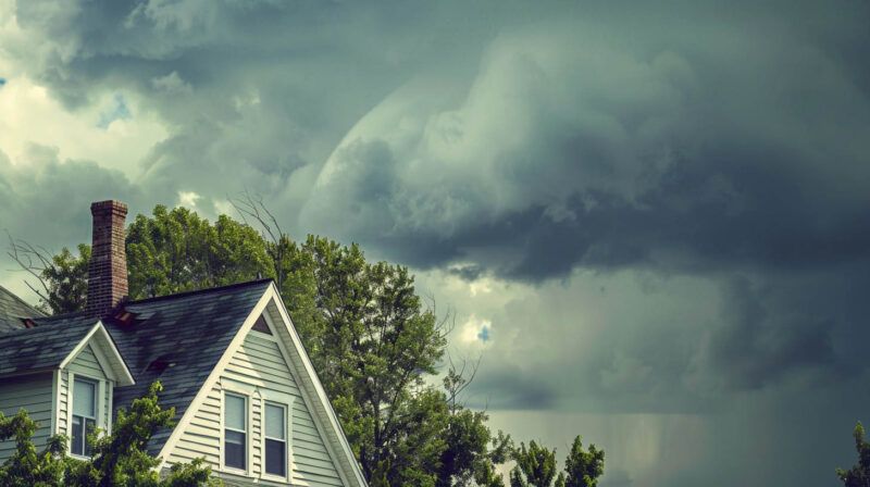 Small house with trees under dark storm clouds in a green sky