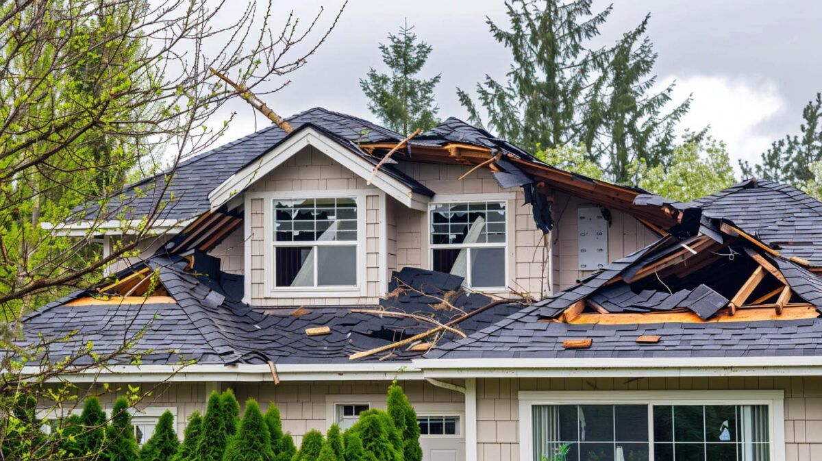 Damaged house roof with missing shingles and exposed wood after storm damage