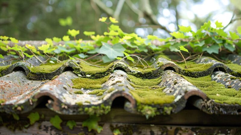Moss-covered corrugated roof tiles with green leaves and branches above them