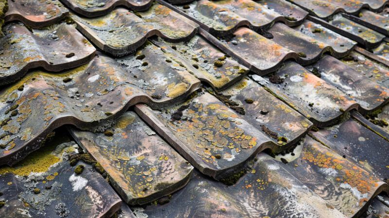 Close-up of weathered, moss-covered roof tiles with dark stains and lichen.