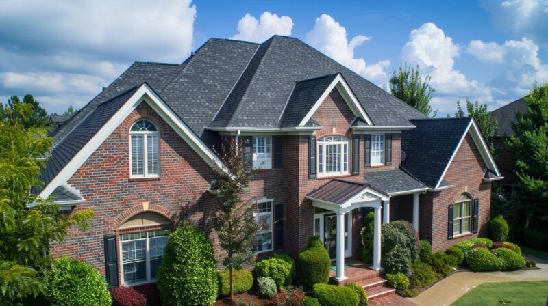 Large brick suburban house with a dark gray roof, white trim, and landscaped front yard under a blue sky