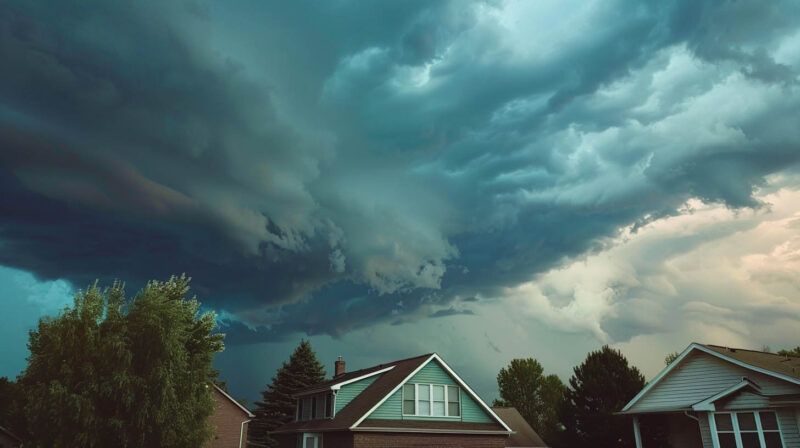 Dark, stormy sky over suburban rooftops with dramatic teal clouds before rain