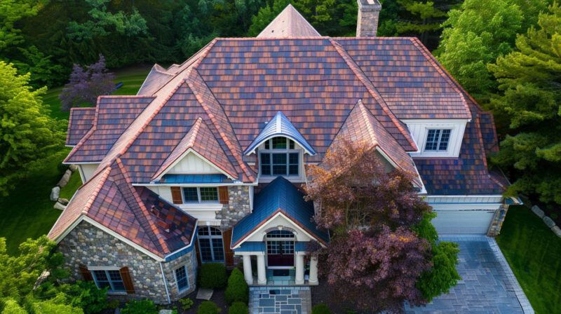 Aerial view of a stone house with a red-tiled roof surrounded by dense green trees