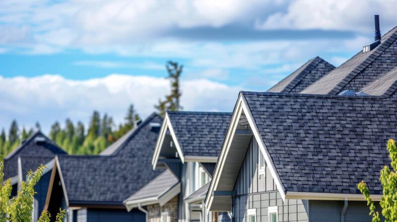 Row of modern houses with dark gray roofs against a blue sky