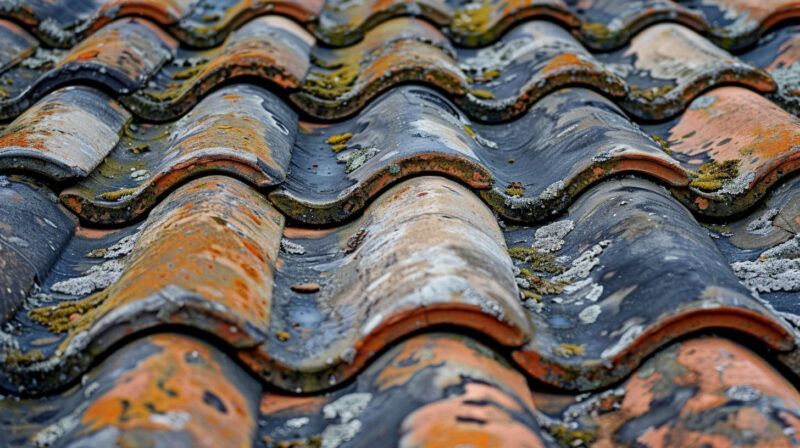 Close-up of weathered orange and blue ceramic roof tiles arranged in overlapping waves
