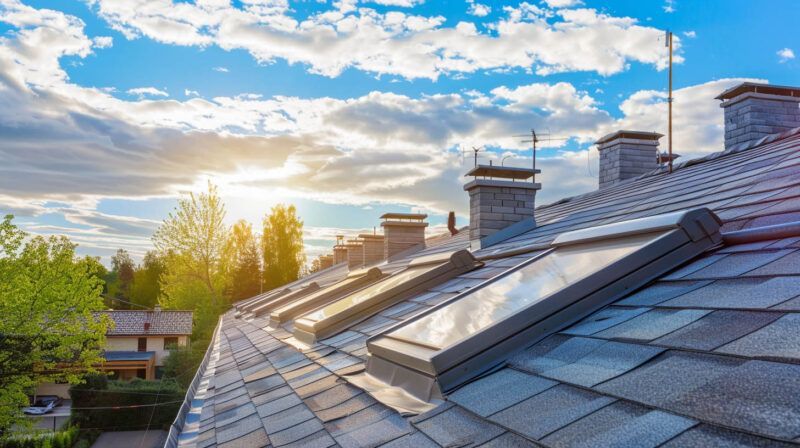 Sunlit metal rooftop with chimneys under a cloudy sky at sunset