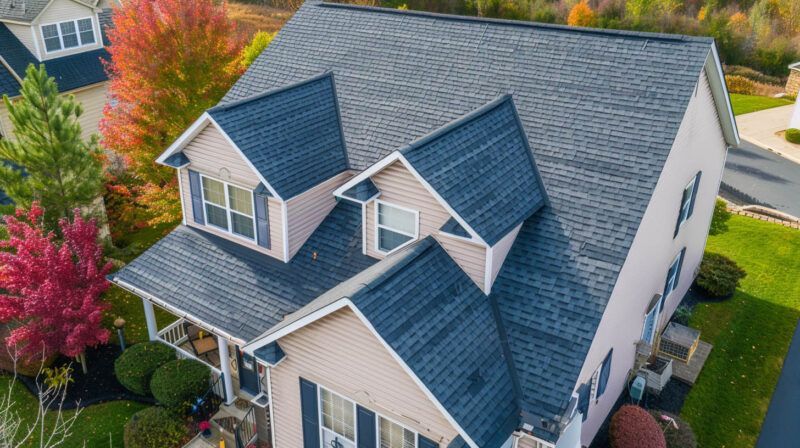 Aerial view of a gray-roofed suburban house with white siding and colorful trees in autumn.