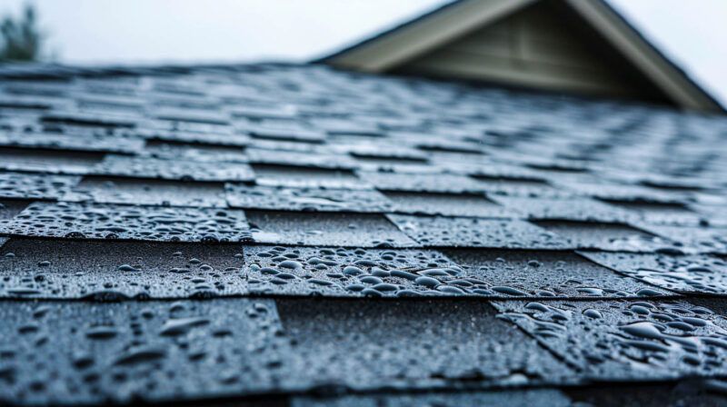 Close-up of rain-soaked gray roof shingles with water droplets and a blurred roof peak in the background
