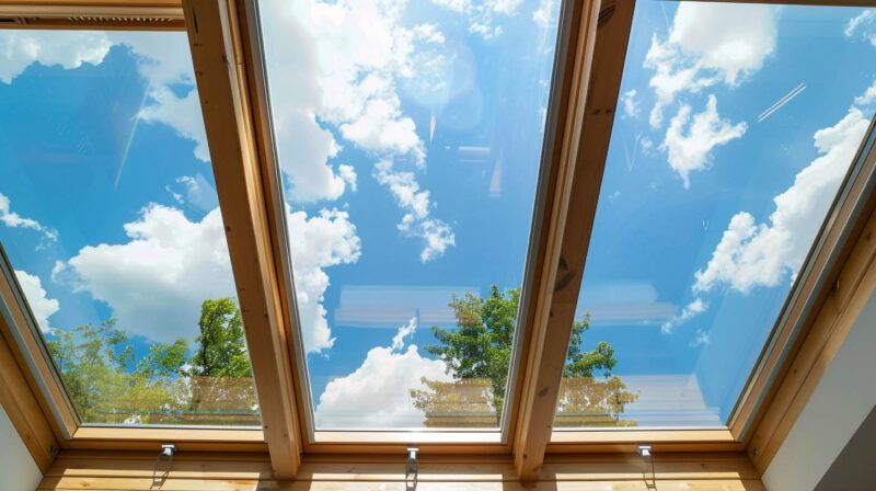 Wooden-framed skylights showing a bright blue sky with clouds and treetops below