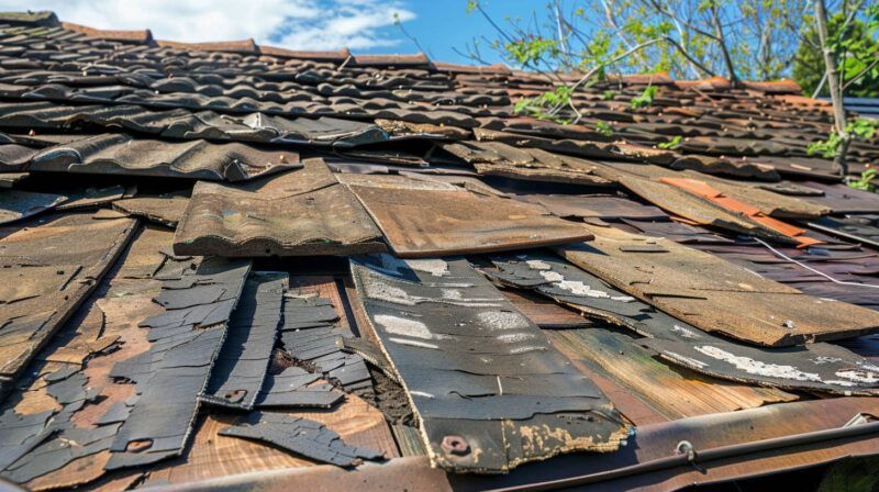 Deteriorated roof with missing and broken shingles under a blue sky, showing severe weather damage.