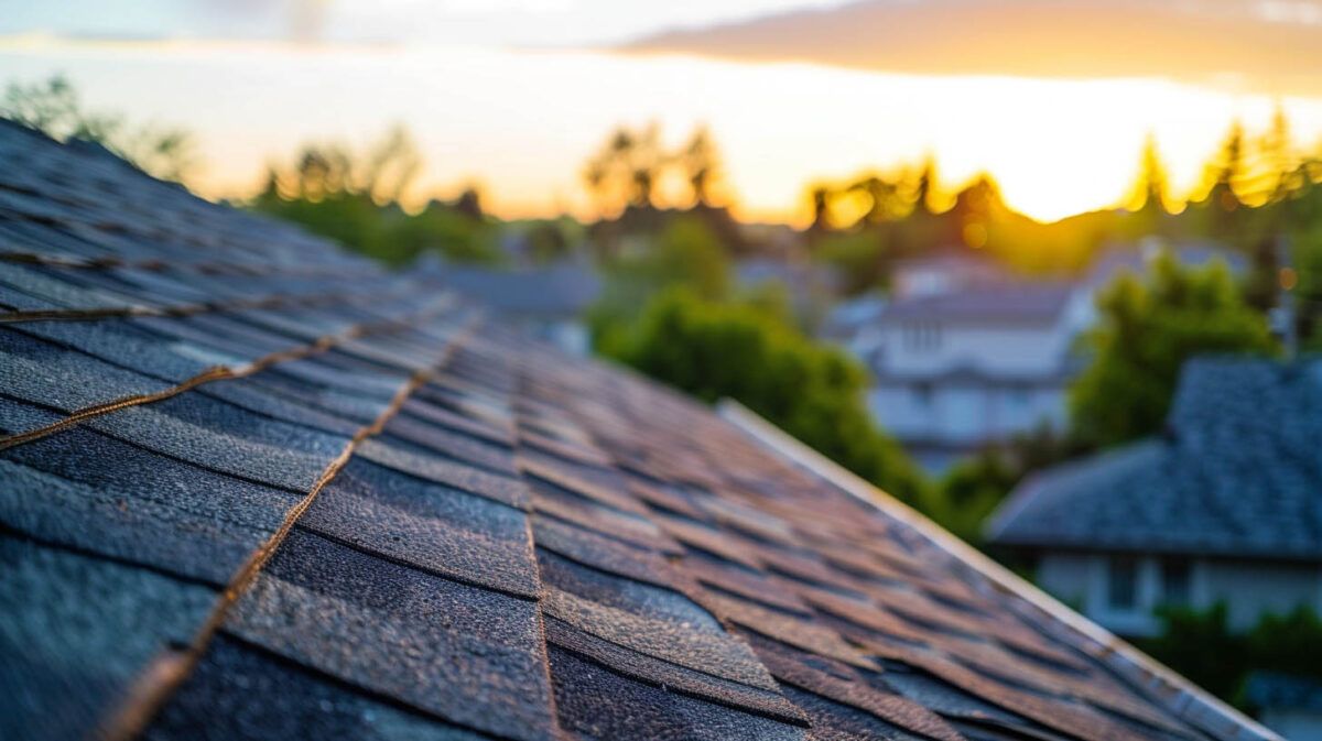 Close-up of a shingled roof at sunset with a blurred neighborhood and warm sky in the background