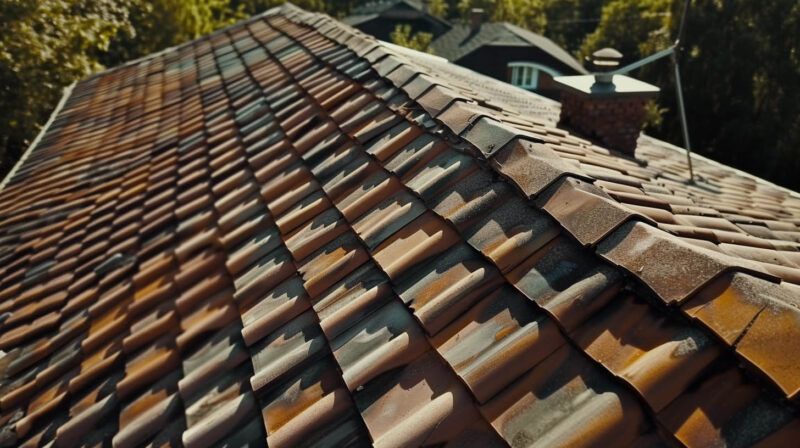 Sunlit terracotta roof tiles with visible wear and a small chimney