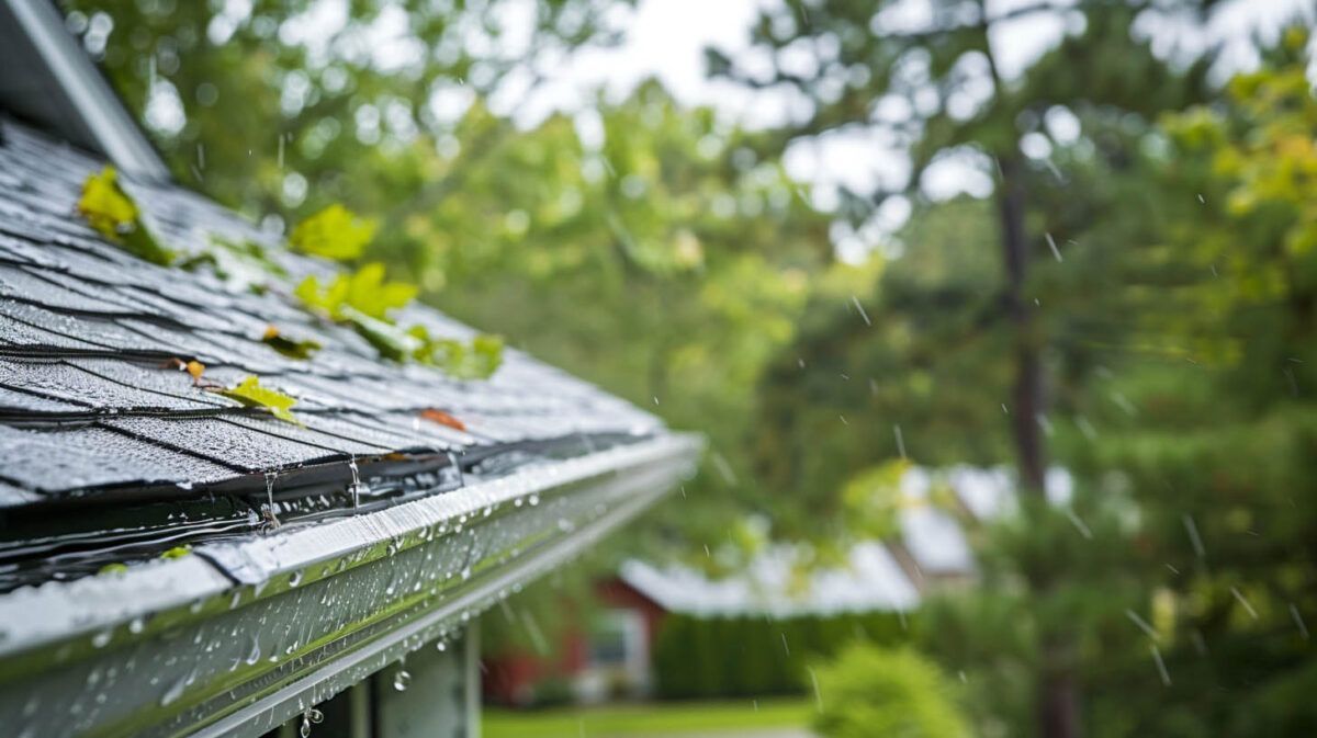 Rainwater dripping from a gray shingled roof into a blurred green backyard