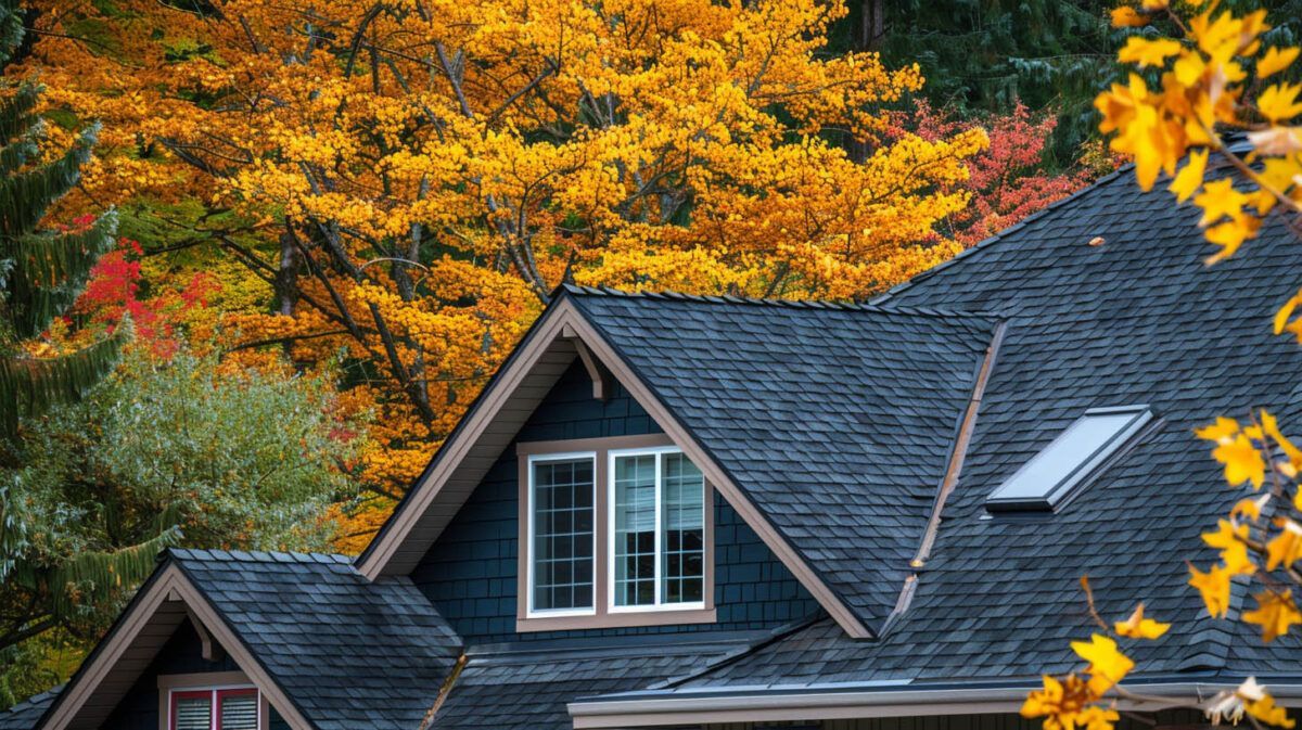 House roof with dormer windows framed by vibrant orange autumn trees
