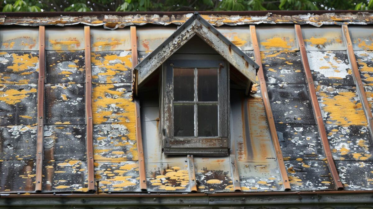 Weathered roof with peeling yellow and black paint around a small dormer window