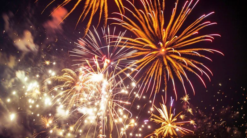 Fireworks exploding in the night sky, with bright orange, white, and yellow bursts.