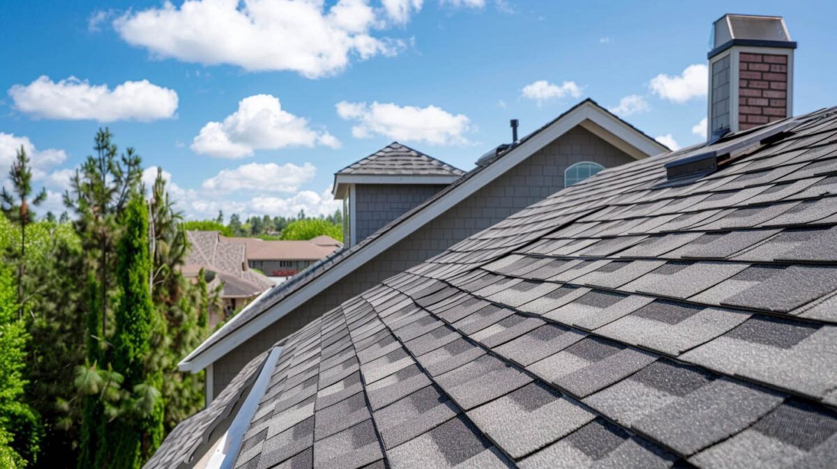 Close-up of gray shingled rooftops under a blue sky with trees in the background