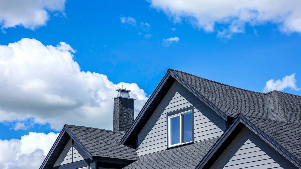 Slate-roofed house rooftops against a bright blue sky with white clouds