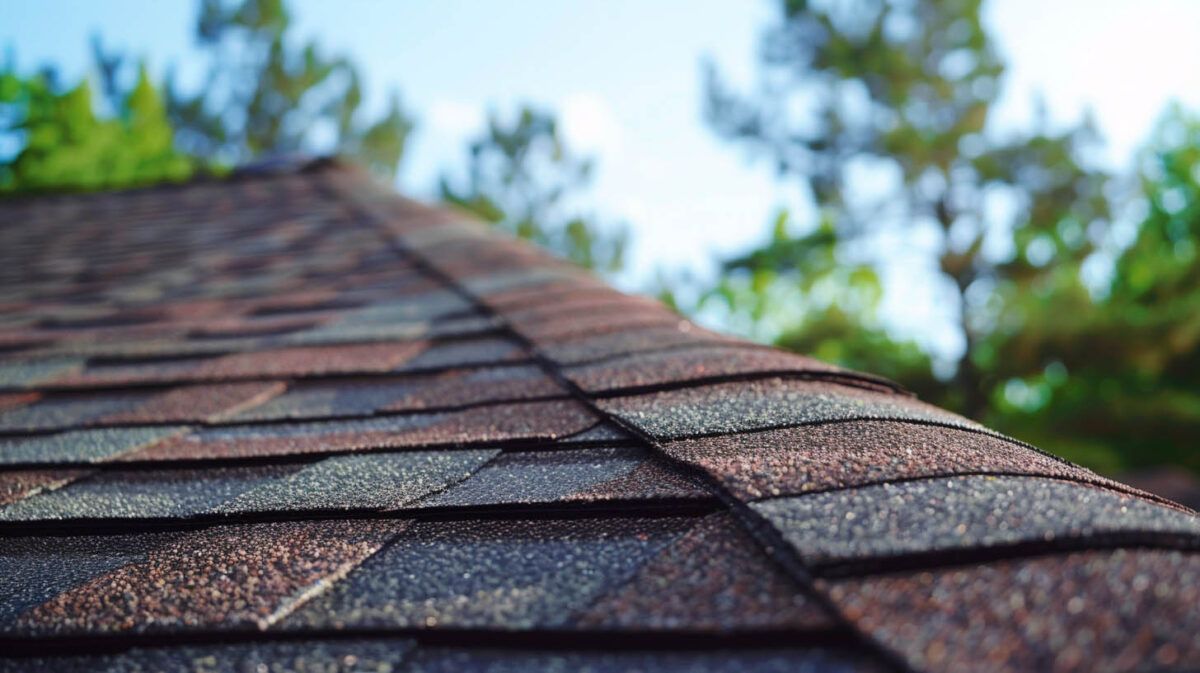 Close-up of a shingled roof with blurred trees and sky in the background