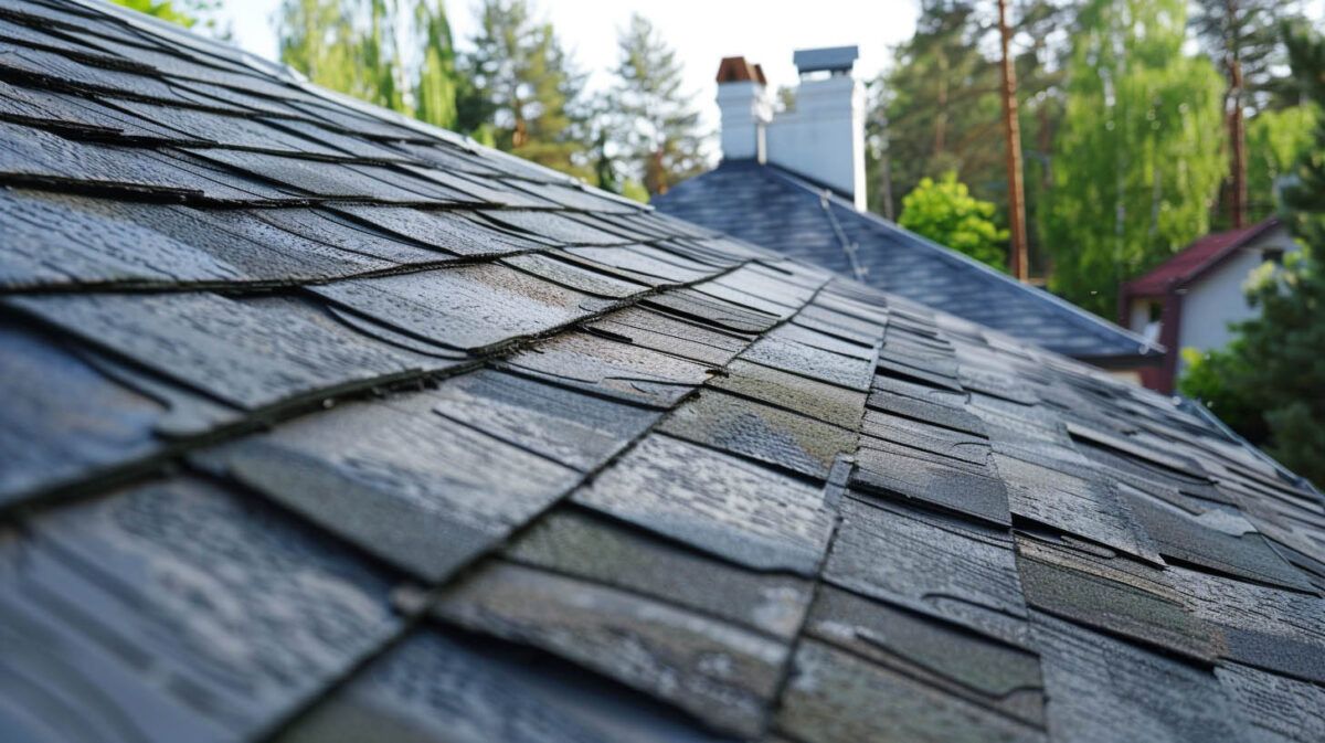 Close-up of weathered gray roof shingles with trees and a house in the background
