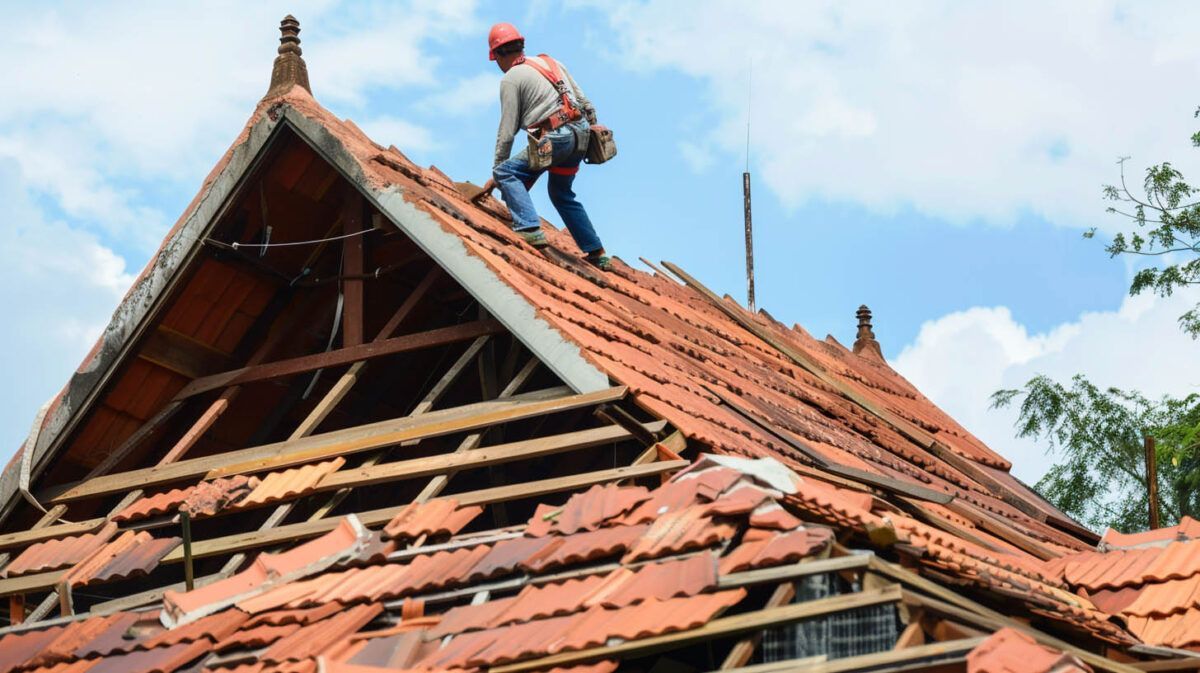 Worker repairing a red-tiled roof on a house under a blue sky