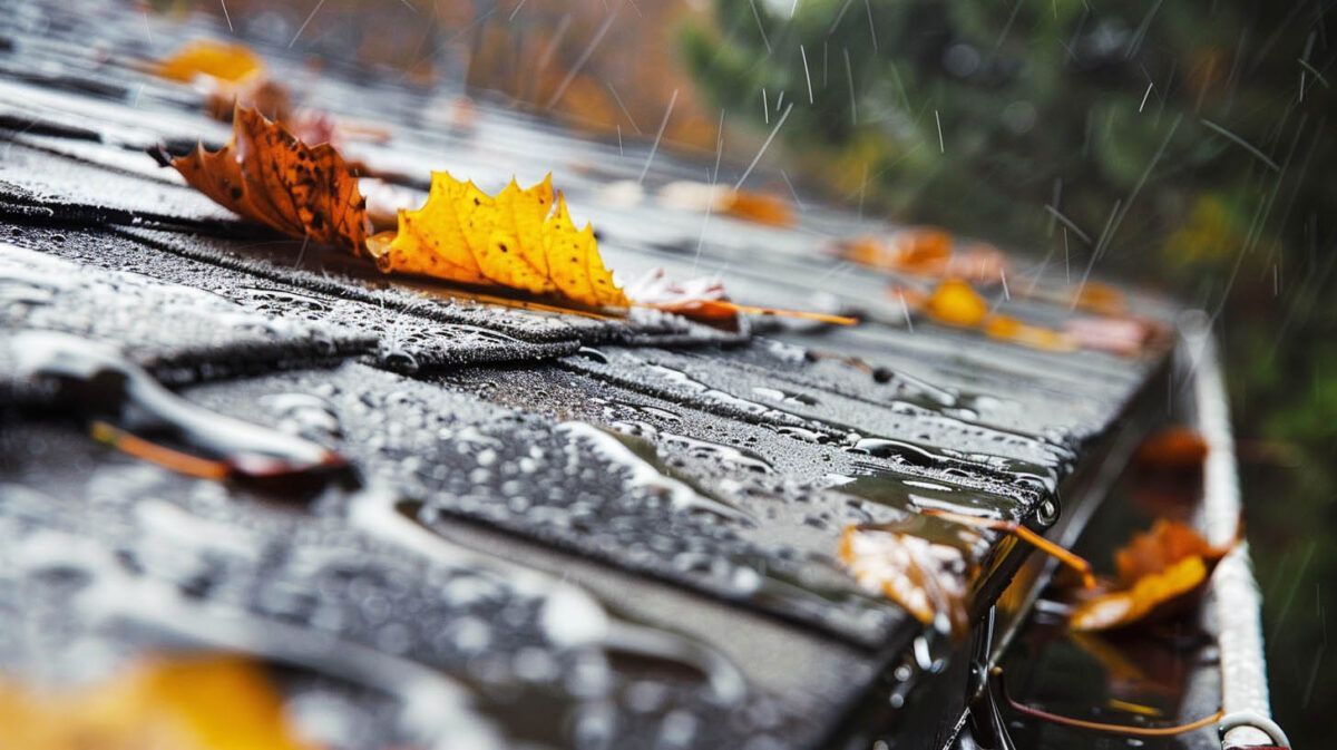 Wet wooden deck with a yellow autumn leaf and orange leaves in the rain