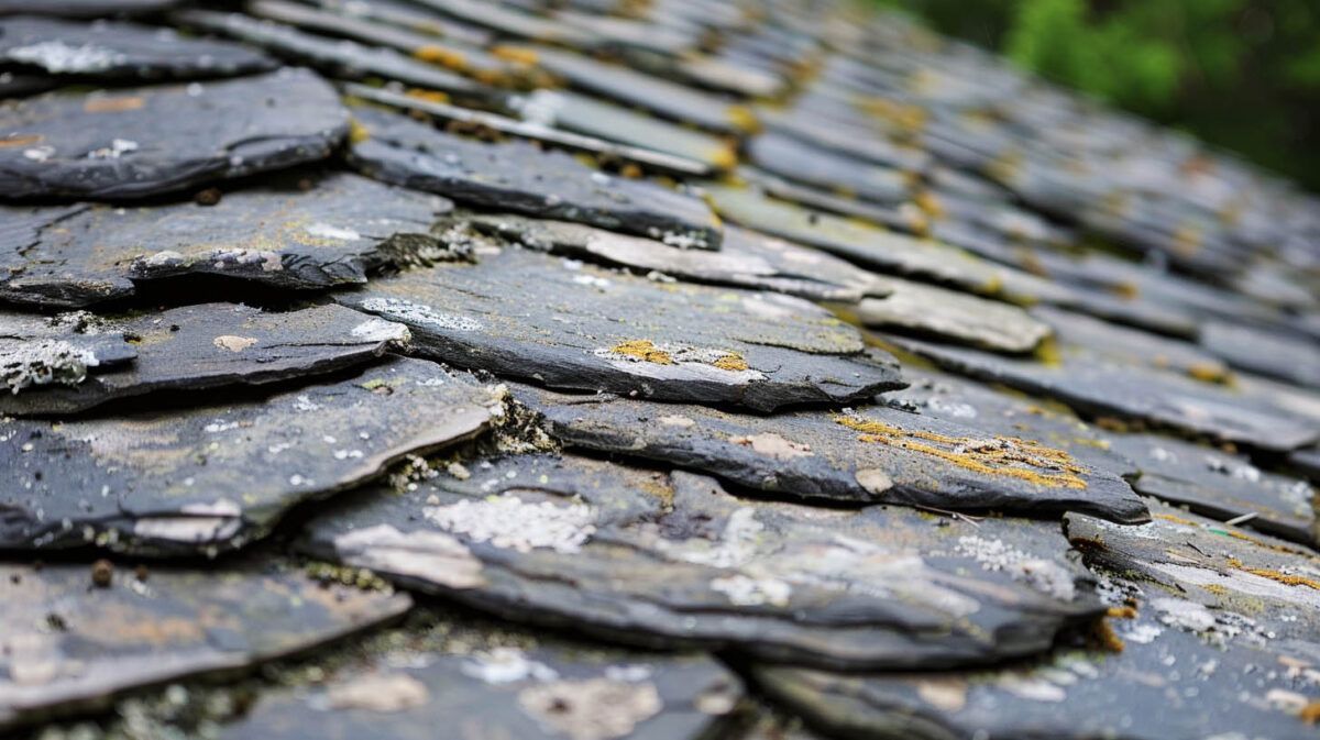 Close-up of overlapping gray slate roof shingles with patches of lichen and moss