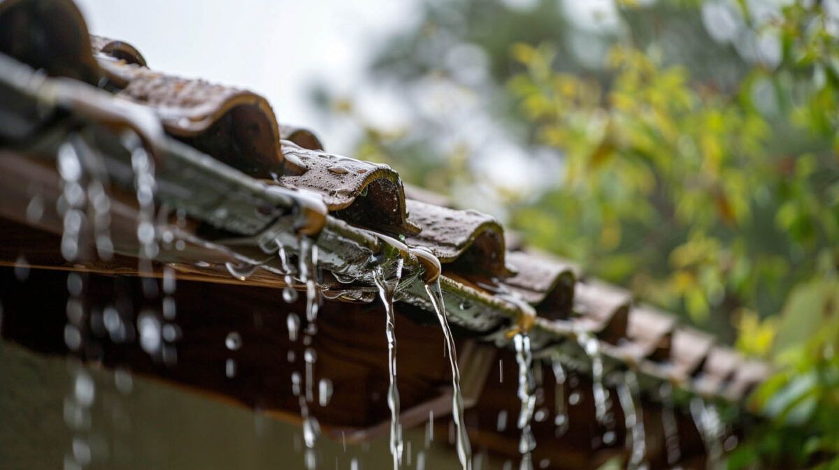 Water dripping from a tiled roof edge during rain, with blurred green trees in the background