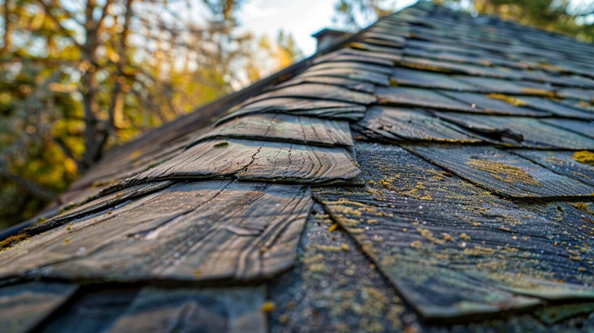 Close-up of weathered wooden roof shingles with patches of moss and autumn leaves in soft light