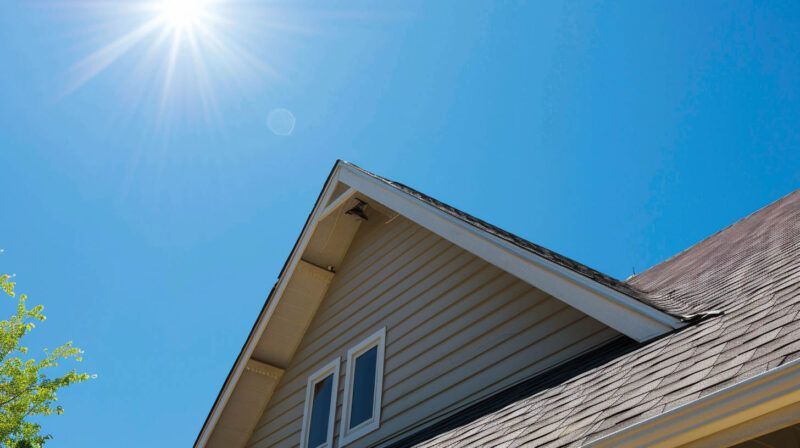 Sunlit house roof with blue sky and bright sun flare