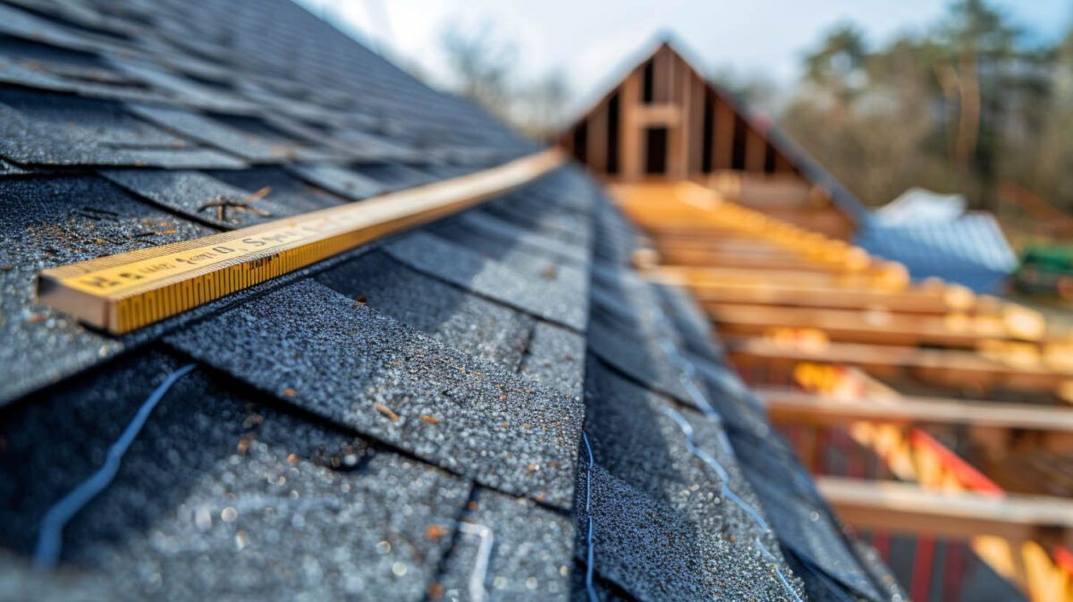 Tape measure on a shingled roof during home construction with unfinished framing in the background