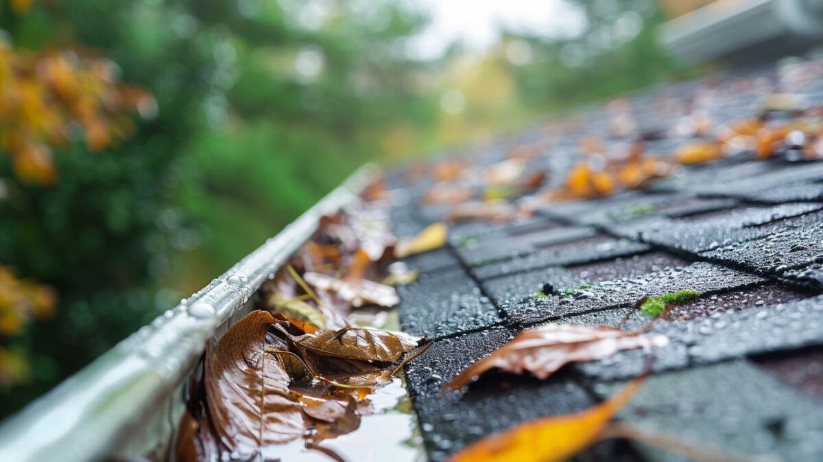 Close-up of wet roof shingles with autumn leaves and moss along the edge.