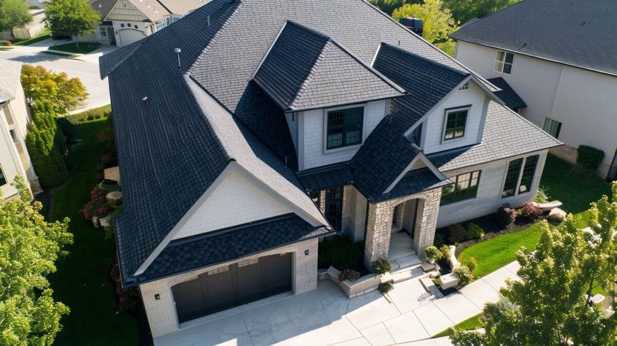 Aerial view of a dark gray suburban house with a driveway, front porch, and landscaped yard.