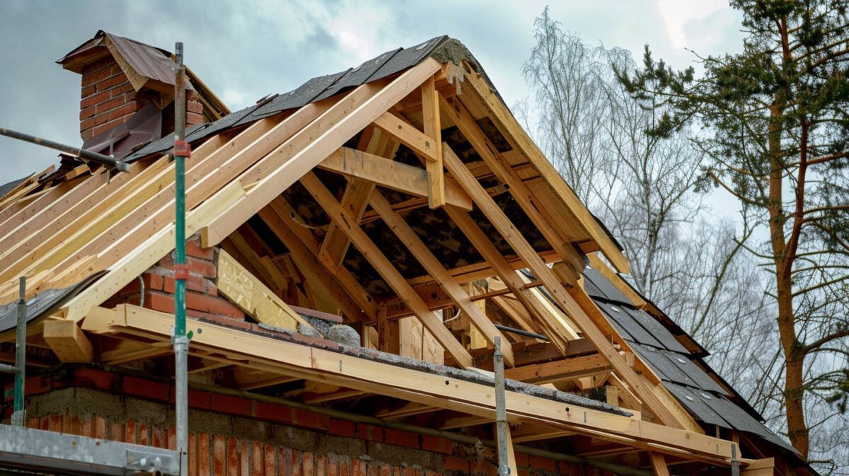 House roof under construction with exposed wooden framing and partially installed shingles