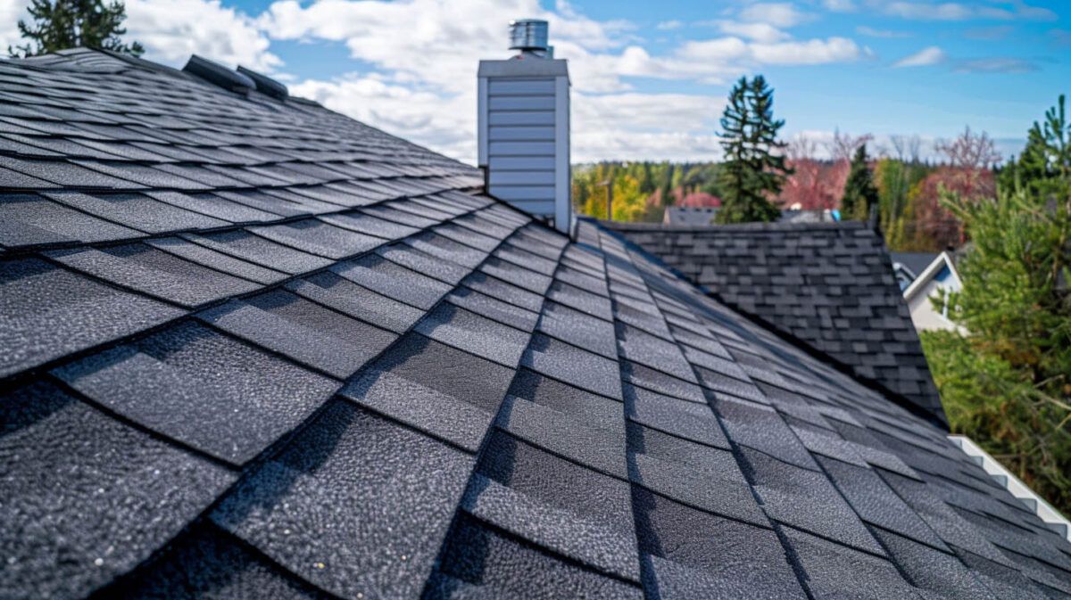 Gray shingle roof with chimney under a blue sky, viewed from the rooftop with trees in the distance