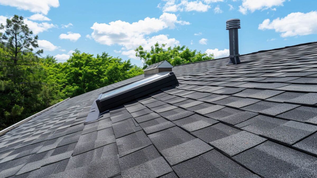 Gray shingled roof with a roof vent under a blue sky and green trees