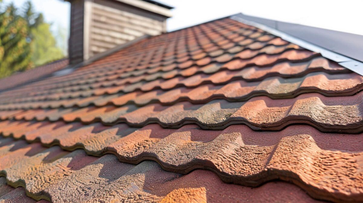 Close-up of a terracotta tiled roof with a chimney against a blurred outdoor background