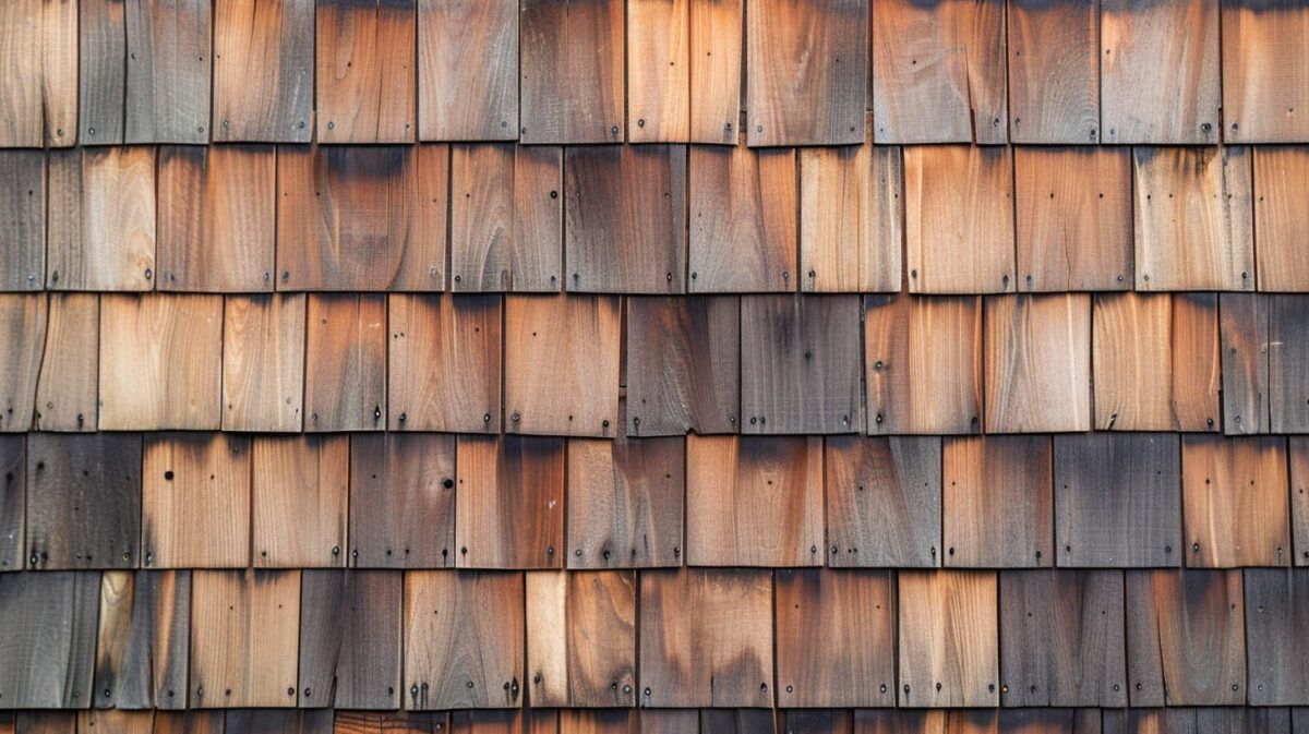 Weathered wooden shingle wall with rows of gray and orange-brown planks