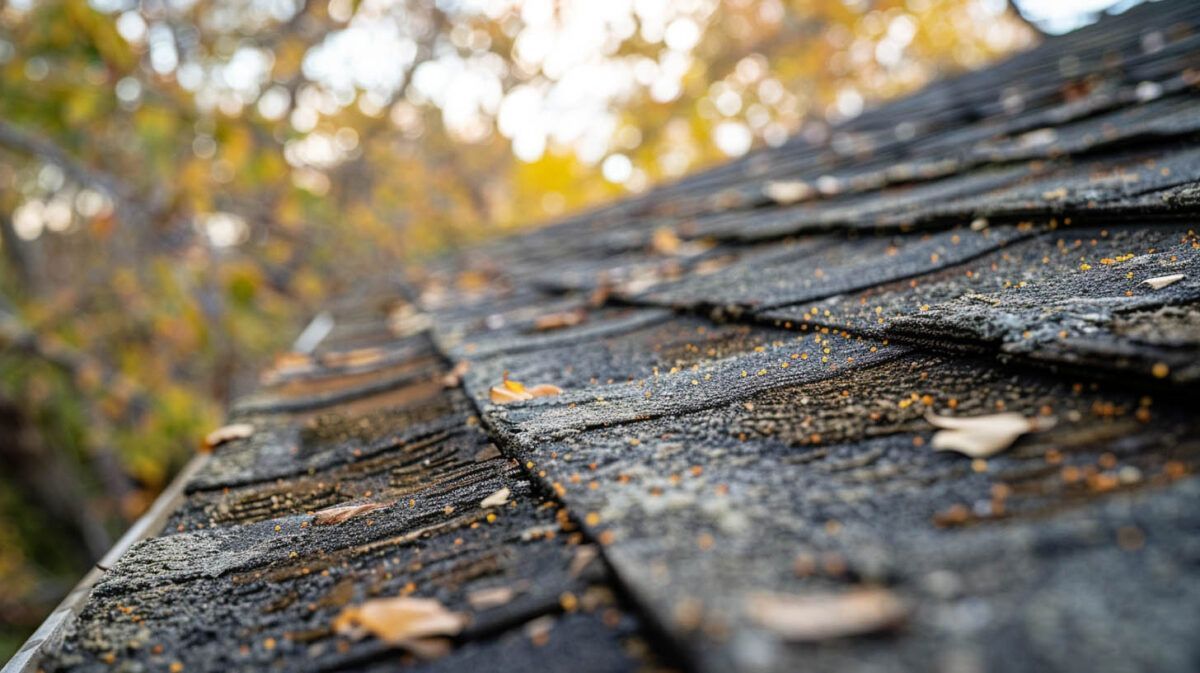 Close-up of a weathered shingle roof with autumn leaves and blurred trees in the background
