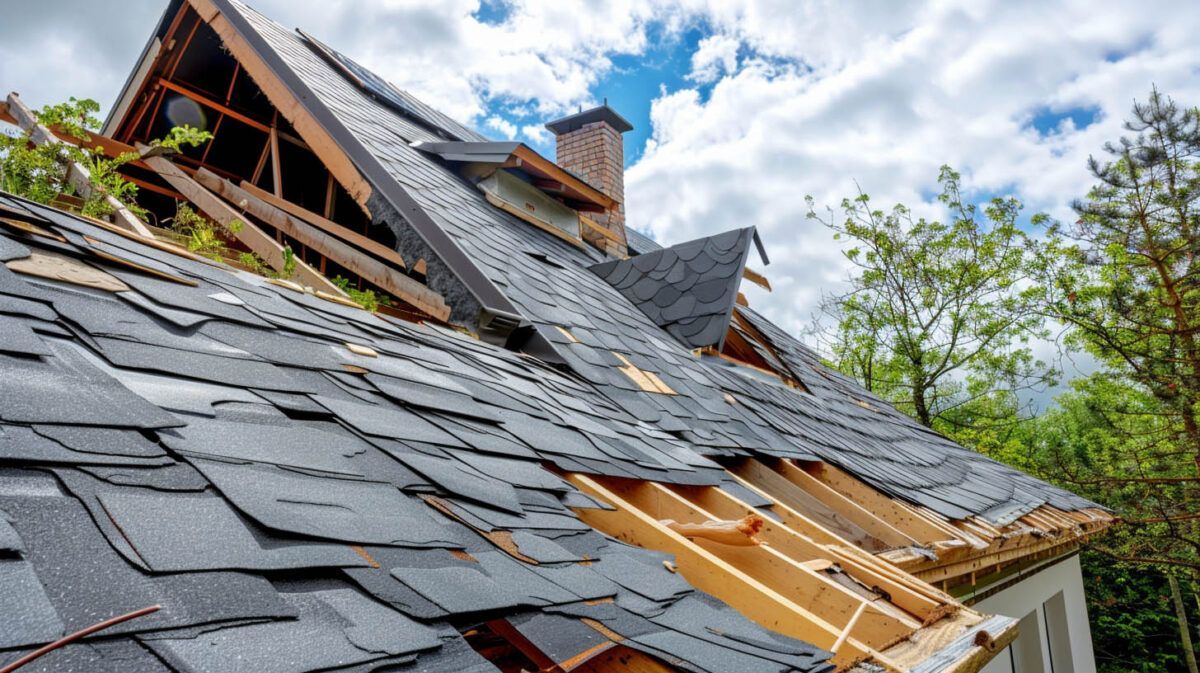 Damaged dark shingle roof under repair, with exposed wooden rafters and blue sky above