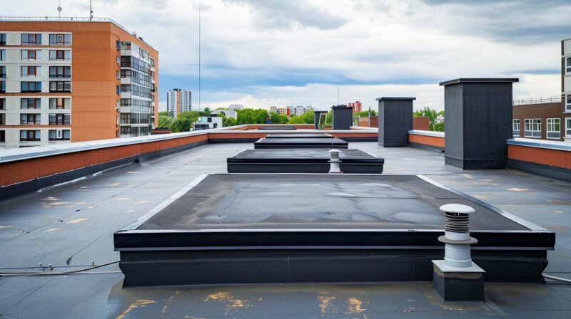 Rooftop with black ventilation units and chimneys beside a brick apartment building under a cloudy sky