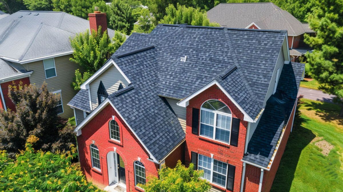 Aerial view of a red brick house with a dark gray roof surrounded by green trees and a lawn