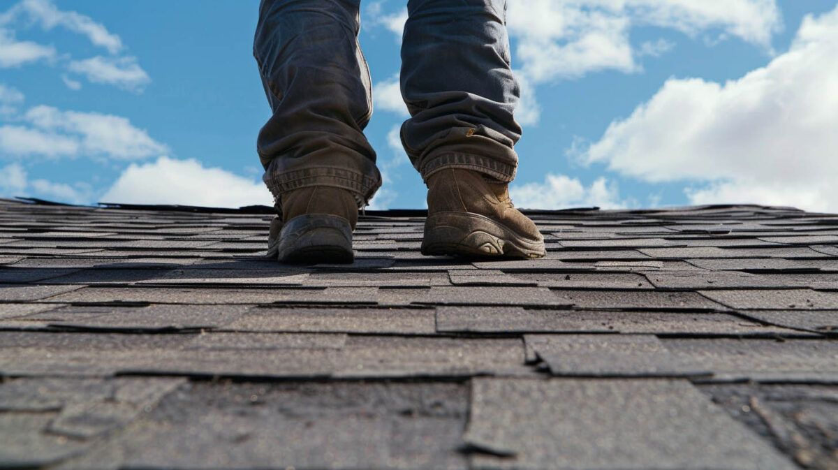 Booted feet standing on a shingled roof under a cloudy blue sky