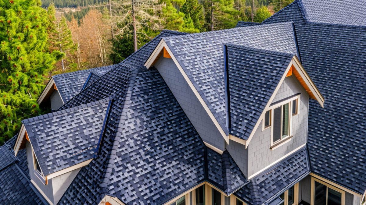 Aerial view of a house roof with dark gray shingles and multiple gables, surrounded by trees