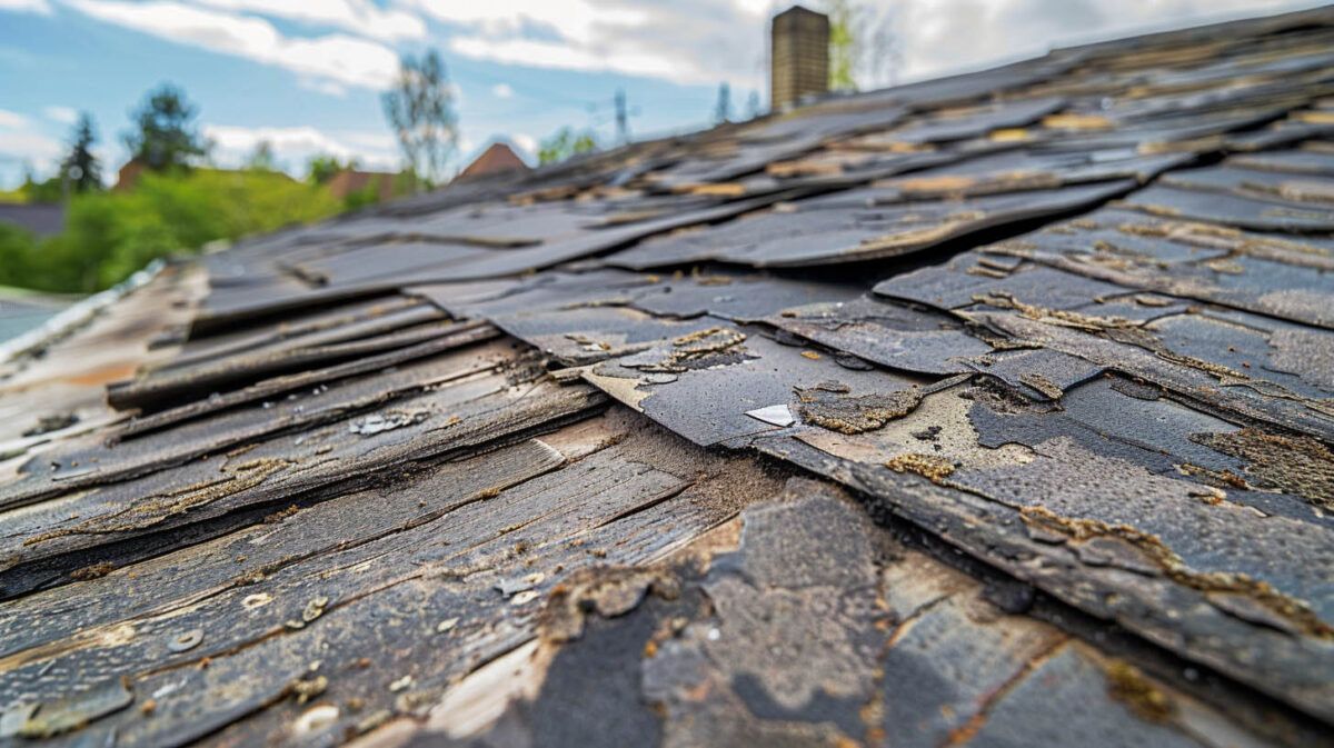 Close-up of a weathered shingle roof with cracked, peeling slate under a cloudy sky