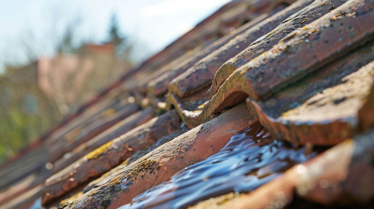 Close-up of weathered terracotta roof tiles with rainwater pooling in the grooves