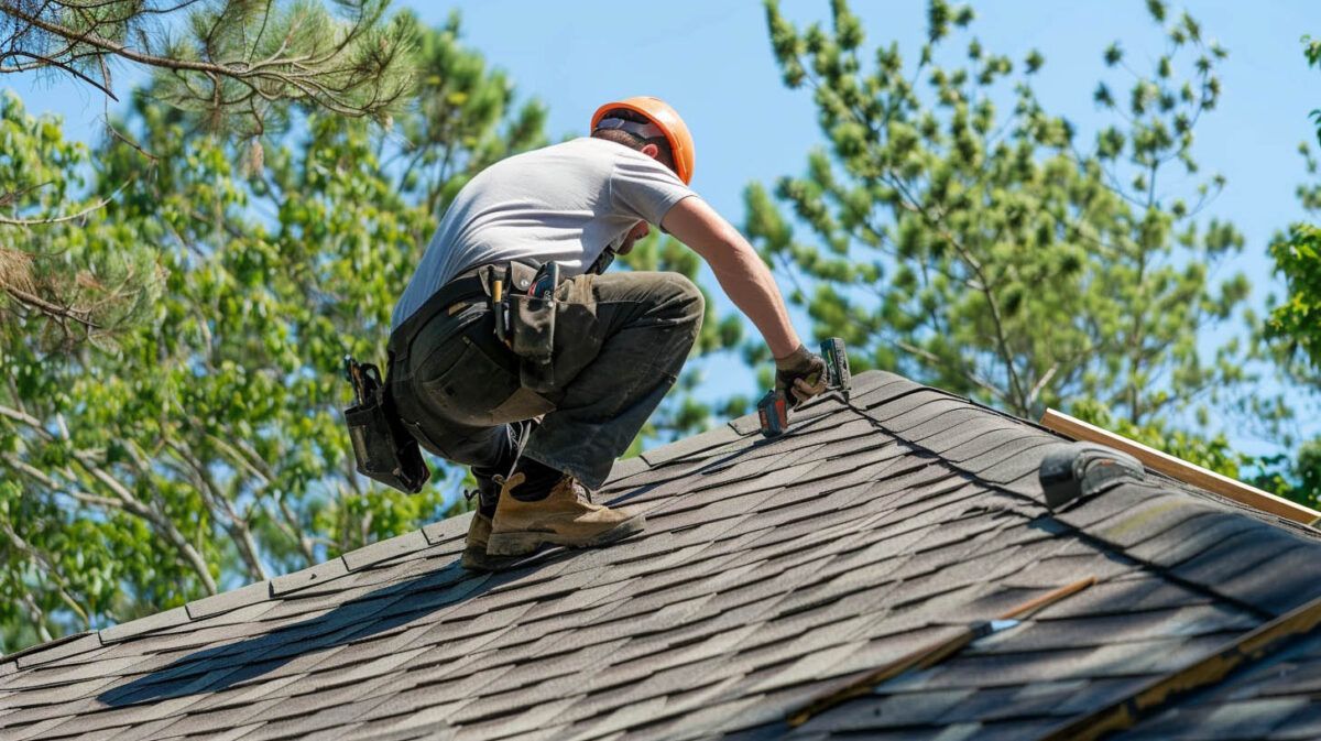 Worker crouching on a shingled roof, inspecting or repairing it under a clear blue sky.